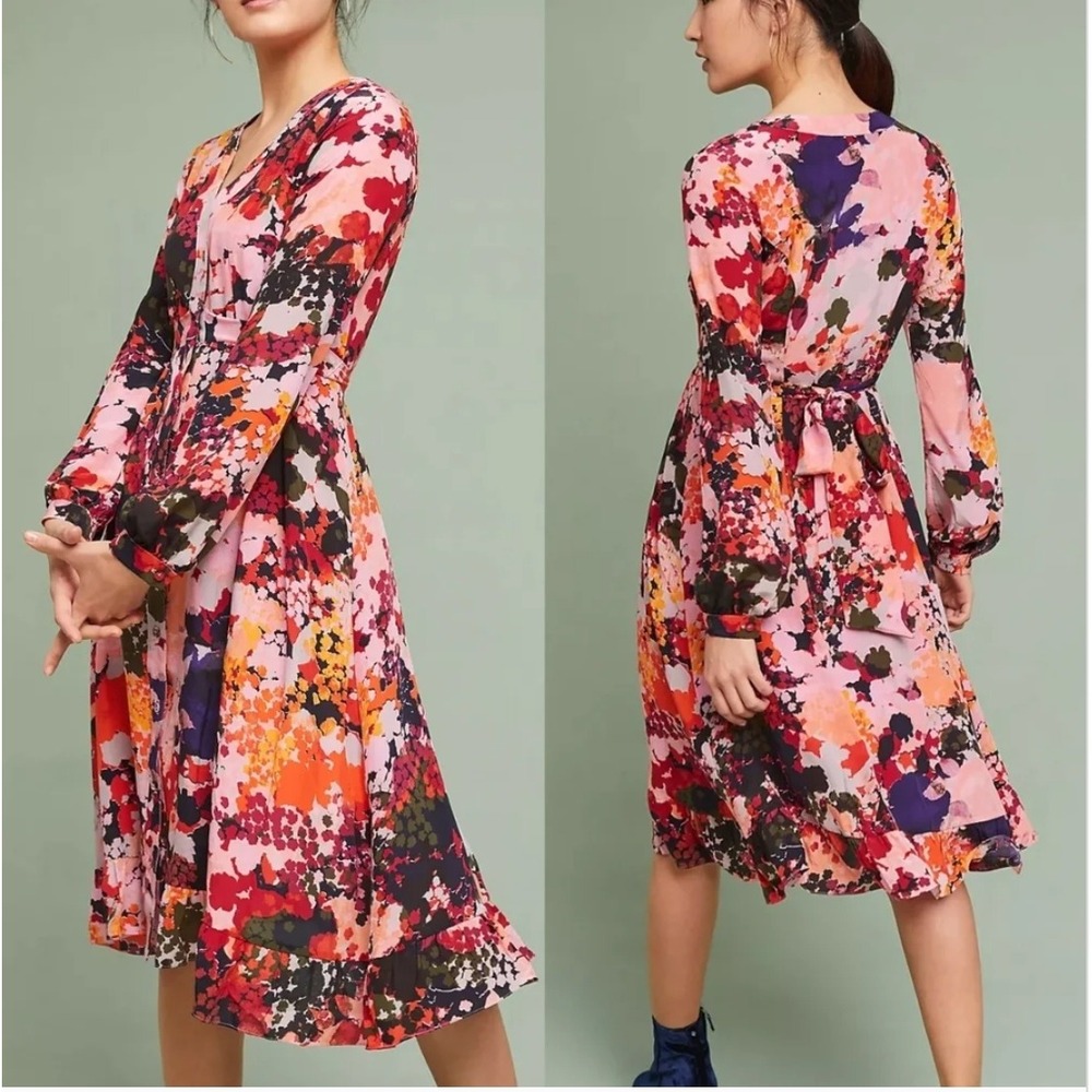 Anthropologie Maeve Printed Silk Wrap Dress Floral Multicolor Women's 4 Spring